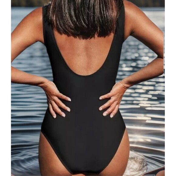 Cupshe Black One Piece Swimsuit Women’s Medium V-Neck Ruched Adjustable Straps - Picture 2 of 8
